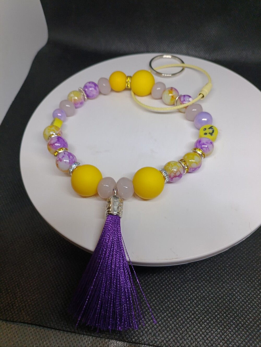 Beaded Tassel Keychain Wristlet - Yellow & Purple